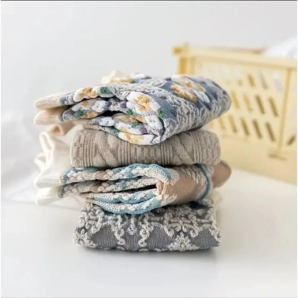 4 Pairs cottagecore Embroidered Floral Print Short ankle Socks